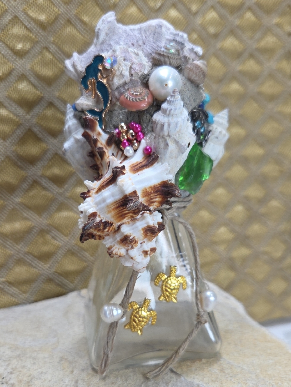 Mermaid Seashell Embellished Bottle with Green Crystal Accent Decor Unique